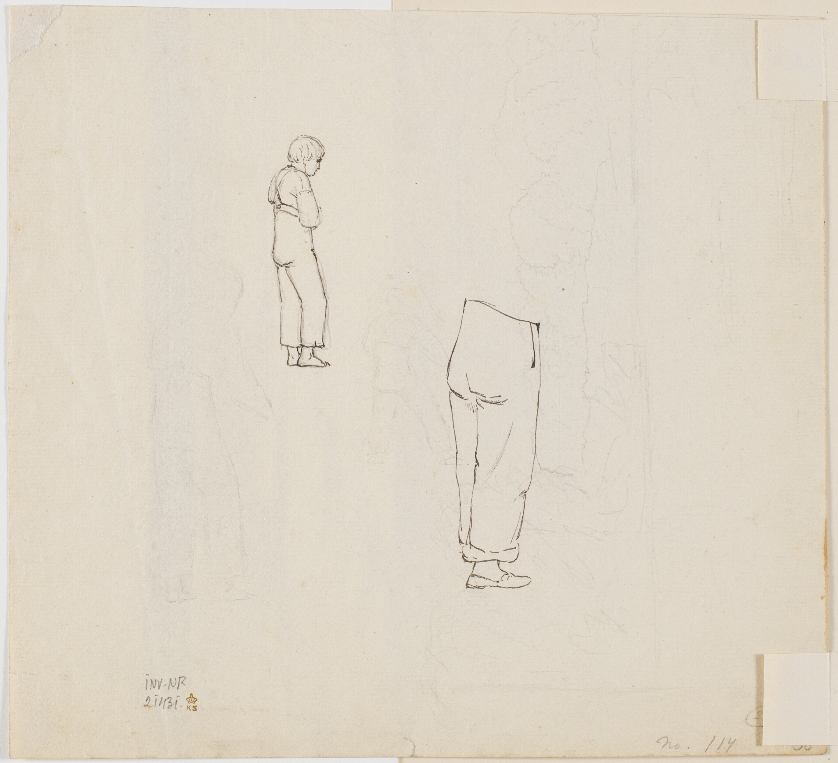 To næsten usynlige blyantsstudier af en bondedreng og et landskab med træer, desuden to studier med pen af samme bondedreng.